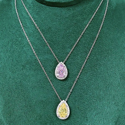 Bridal Wedding Necklace Jewelry 4 Claw Setting Waterdrop Cut Citrine Pink Gemstone Side Stone Lab Diamond Silver Plated Necklace for Women