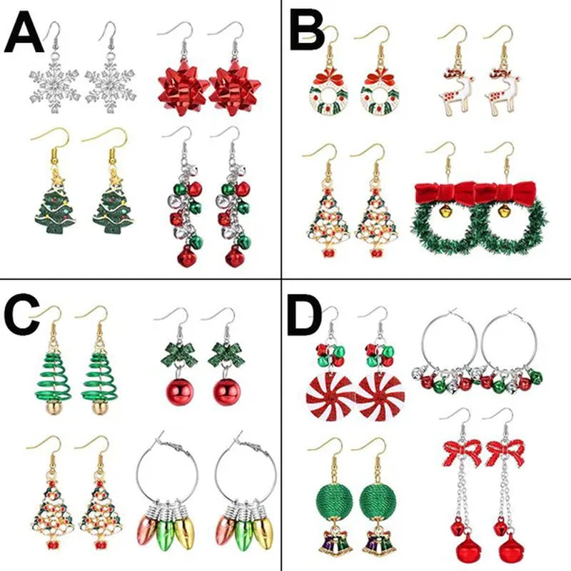 4 Pairs Christmas Earrings for Women Girls Christmas Bell Light Bulbs Hoop Earrings Christmas Tree JingleBall Snowflake Bow Flower Elk Dangle Earrings Christmas Party Jewelry Set Gift