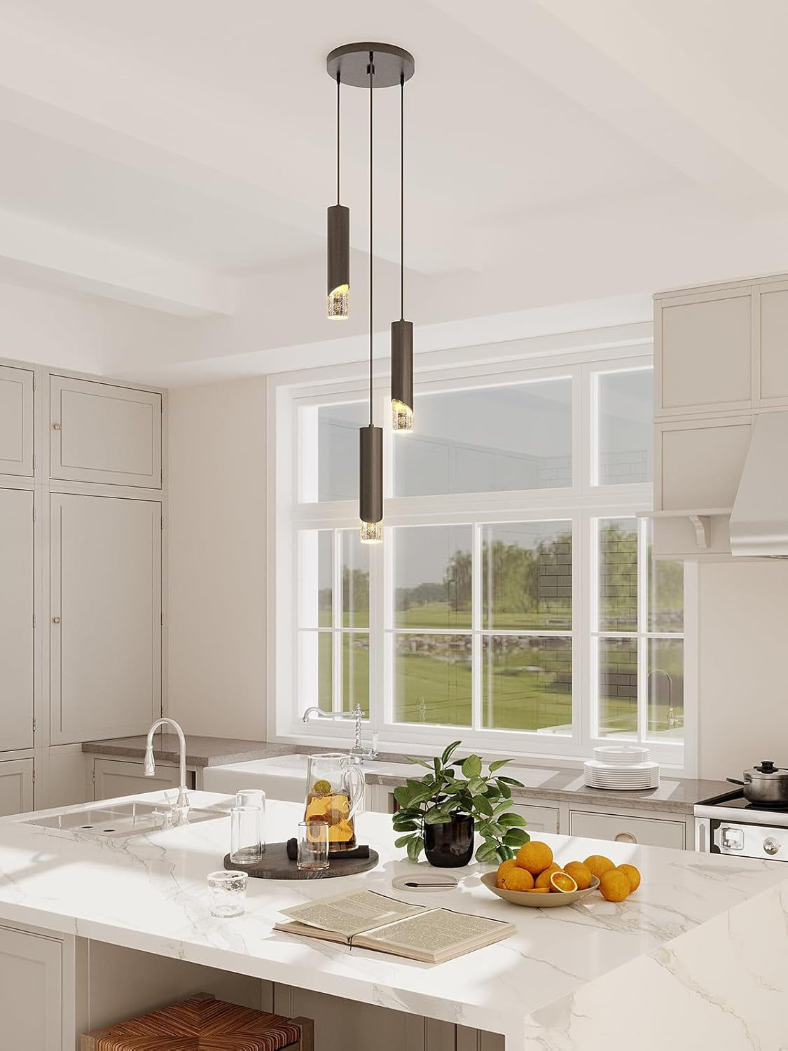 Modern Pendant Lights, 3-Lights Crystal Pendant Lighting for Kitchen Island, Dimmable Hanging Light Fixture with Adjustable Height for Kitchen, Dining Room, Bedroom (3-Lights, Black)