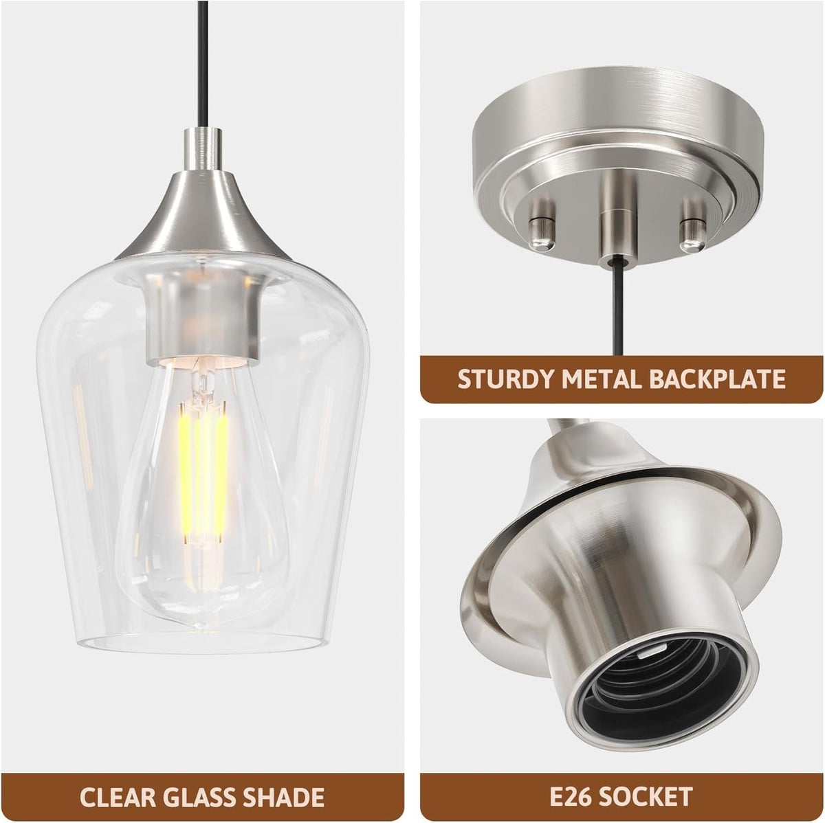 Pendant Light Kitchen Island, Brushed Nickel Pendant Light Fixture with E26 Base & Adjustable Cable, Modern Pendant Lighting with Glass Shade for Living Room Bedroom Hallway