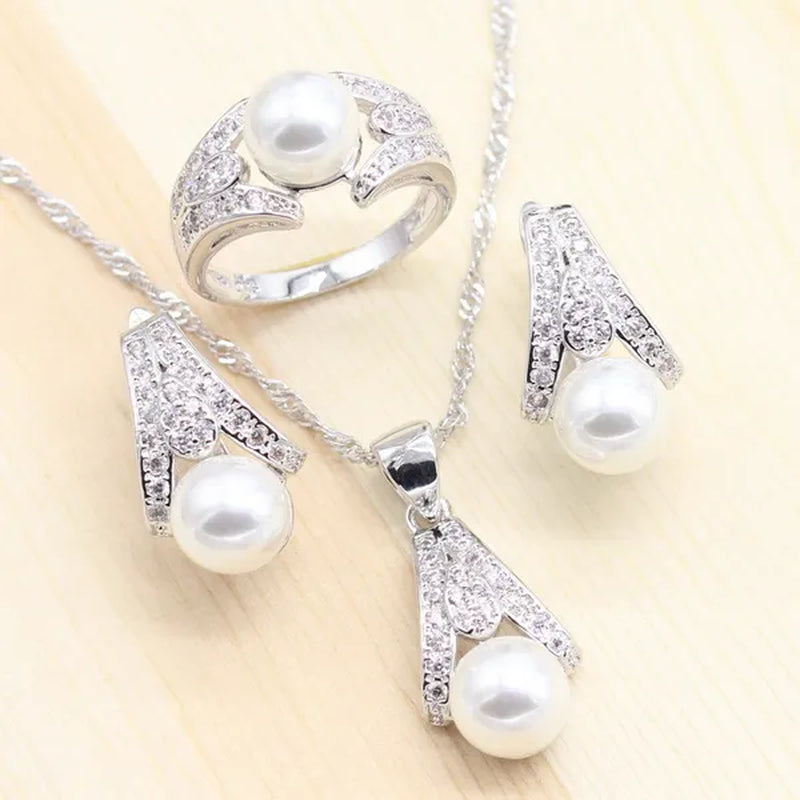 925 silver jewelry sets Women Pearl Necklace Pendant Ring Earring for dance Party Jewelry