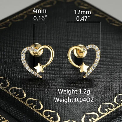 NEW Gold  Love Heart Star White Sapphire Diamond Stud Earrings for Women Wedding Engagement Bride Jewelry Gift