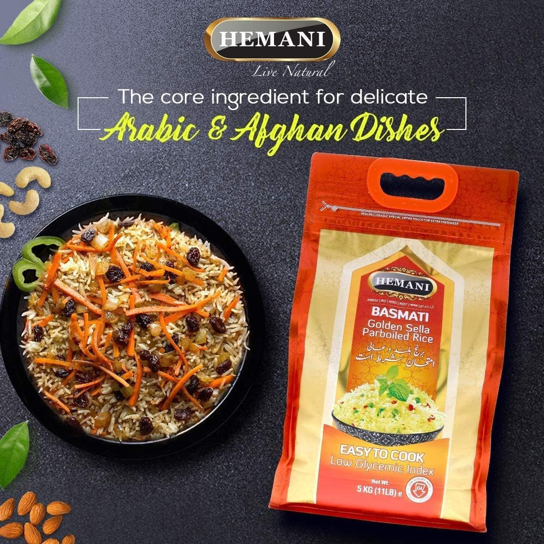 Basmati Golden Sella Parboiled Rice 11LB - Great Value Savings - 1 LB FREE - Easy to Cook - Low Glycemic Index (4 Pack: 44 Pounds)
