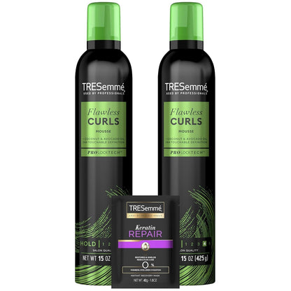 Flawless Curls Mousse 2-Pack + Keratin Repair Hair Mask – Coconut & Avocado Oils, Touchable Hold, Curl Definition, Frizz Control, Color-Safe, Paraben-Free