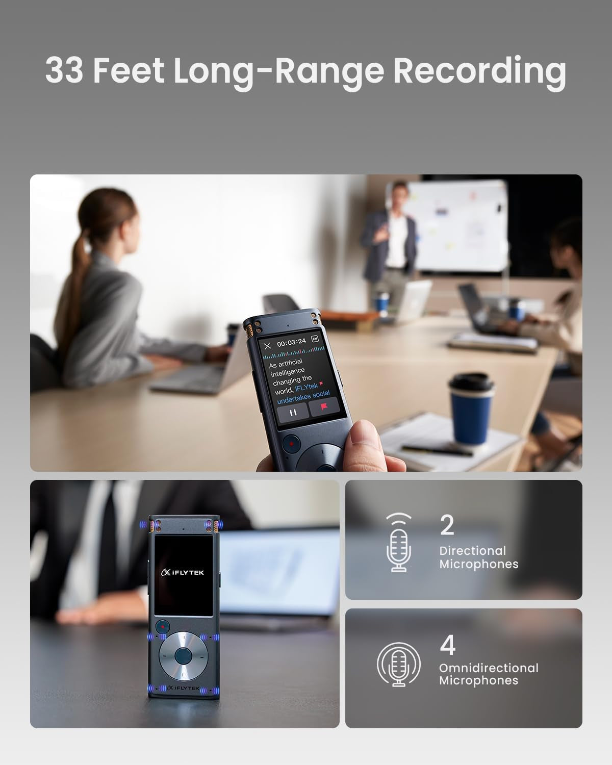 Offline Voice Recorder with Playback, Secure Digital Recorder with AI Transcription, 5-Language Voice-To-Text, Noise Reduction, AI Voice Recorder for Meetings, Interviews, Learning