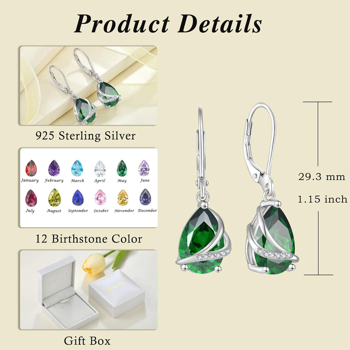 Birthstone Dangle Drop Earrings for Women 925 Sterling Silver Teardrop Leverback Earrings Jewelry Gifts for Wife Girlfriend Mother Daughter Her