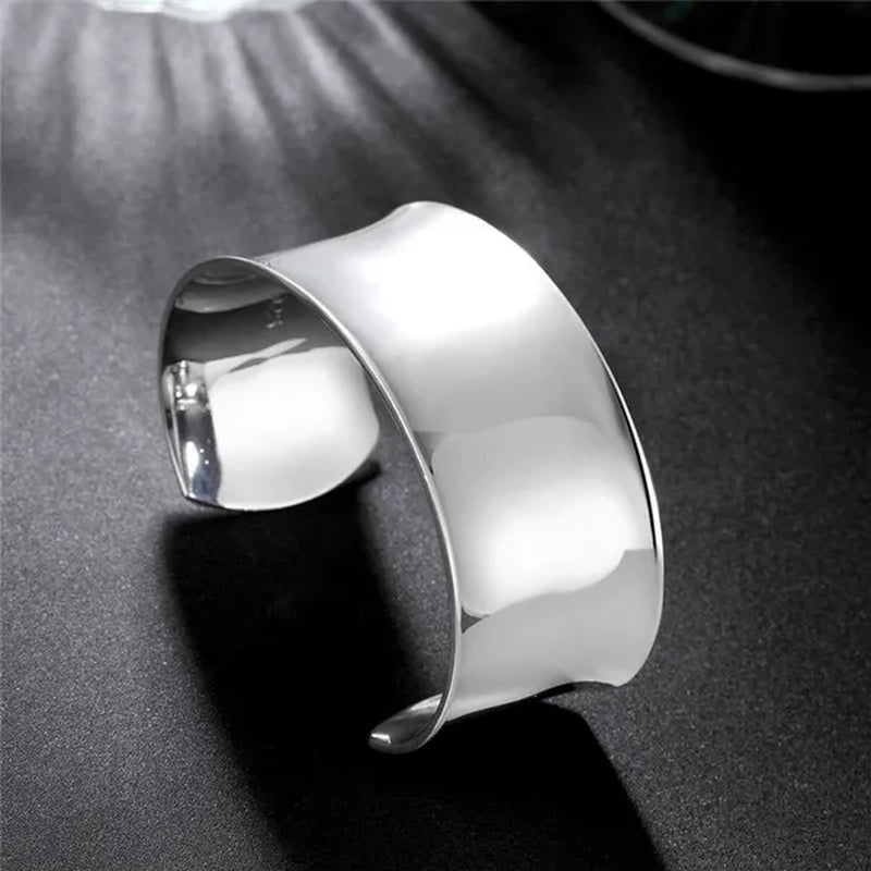 Exquisite 925 Silver Color Smooth Wide Open Bangle Bracelets for Women Man Fashion Party Wedding Jewelry Valentine's Gift