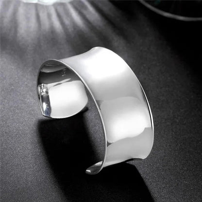 Exquisite 925 Silver Color Smooth Wide Open Bangle Bracelets for Women Man Fashion Party Wedding Jewelry Valentine's Gift