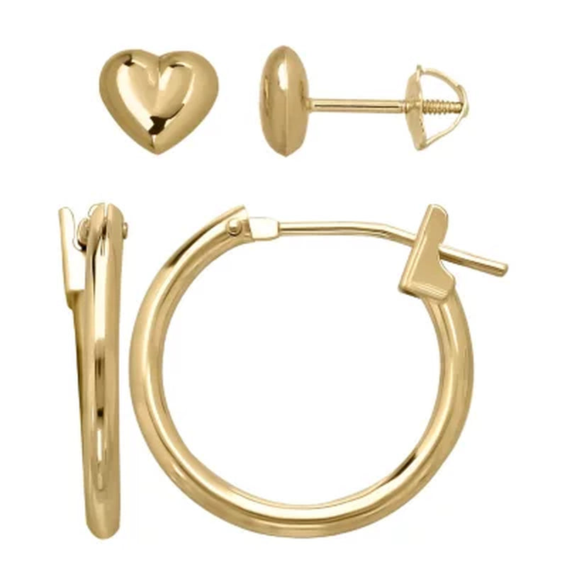 Children'S Hoop and Heart Earring Set in 14K Yellow Gold