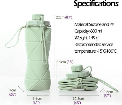 Collapsible Water Bottle, Silicone Foldable Water Bottles for Travel, Easy-To-Carry Design and Compact Size, BPA Free, 20 Oz (Green)