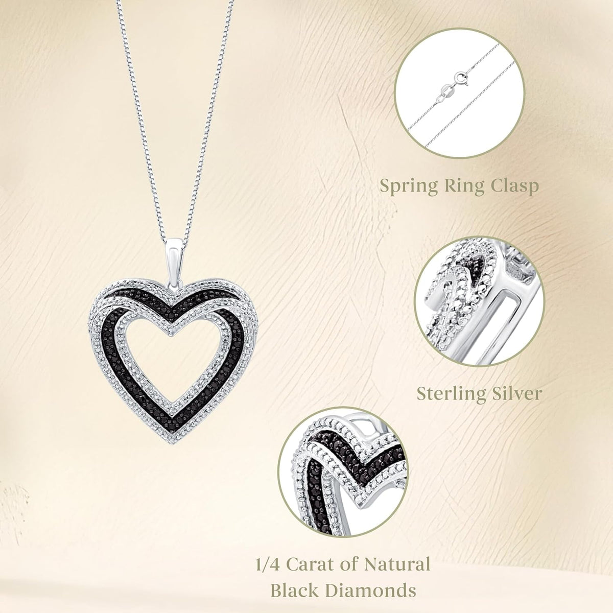 Sterling Silver Necklace with Natural Round-Cut Black Diamond and Heart Shaped Pendant, 18-Inch White Silver Chain, 1/4 Carat Total Weight Diamonds, Elegant Gift Box Included