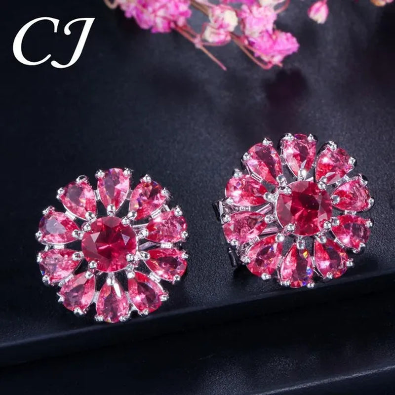 CANDICE Elegant Flower Jewelry Set Paved Green Stones Fashion Sterling Silver Plated Pendant Necklace Earrings Ring Sets