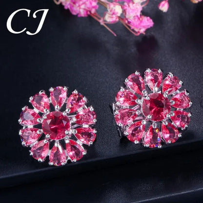 CANDICE Elegant Flower Jewelry Set Paved Green Stones Fashion Sterling Silver Plated Pendant Necklace Earrings Ring Sets