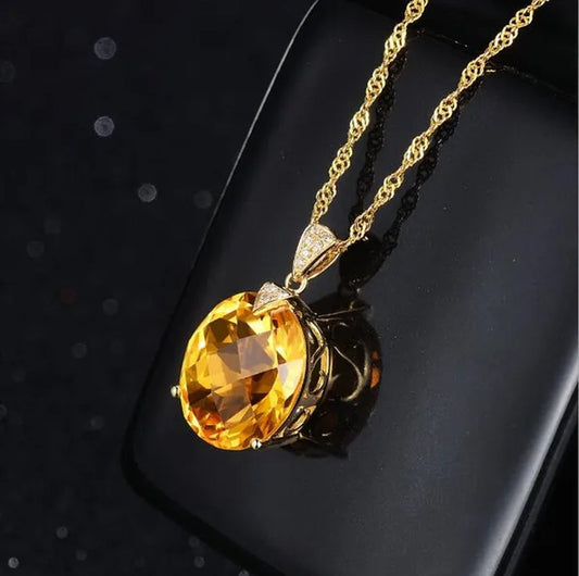 Big citrine gemstones yellow crystal pendant necklace for women diamonds gold color choker birthday gift luxury jewelry