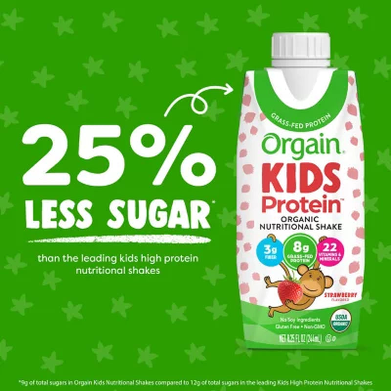 Orgain Kids 8G Grass-Fed Protein Organic Nutritional Shake, Strawberry 8.25 Fl. Oz., 12 Pk.