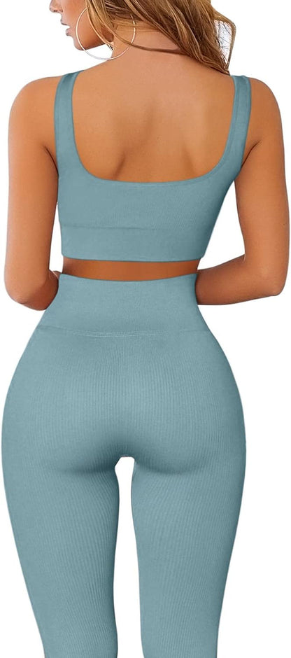 Ribbed Workout Outfits for Women 2 Piece Seamless Sport Bra High Waist Yoga Leggings Sets