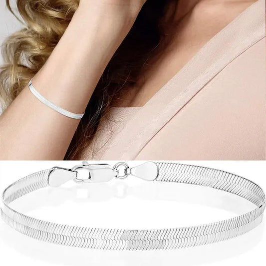 FASHION 925 Sterling Silver Italian Solid 4mm Flexible Flat Herringbone Link Chain Bracelet for Women Men Charm Jewelry