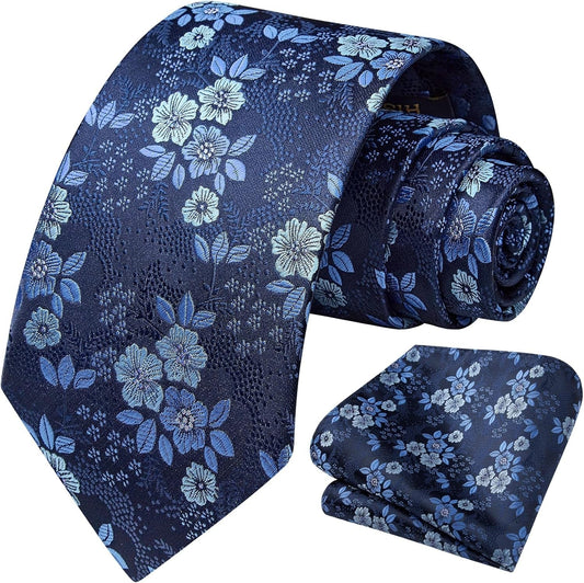 Extra Long Ties for Men Classic Floral Tie and Pocket Square Elegant Silk Necktie Handkerchief Set Wedding Party