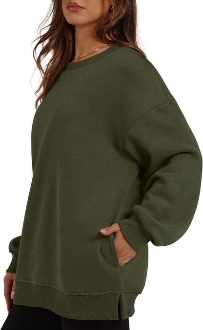 Womens Oversized Sweatshirts Crewneck Long Sleeve Tops Fleece Pullover Fall Fashion Clothes with Pocket
