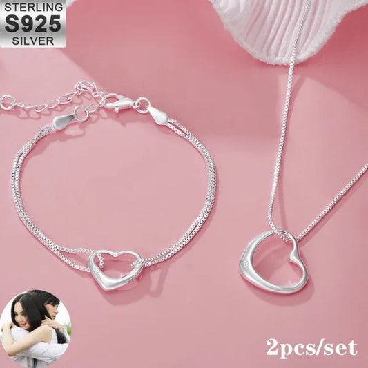 Fashion Jewelry Exquisite Women's 925 Sterling Silver Charm Heart Bracelets Necklaces for Wedding Party Christmas Gift Jewelry Set