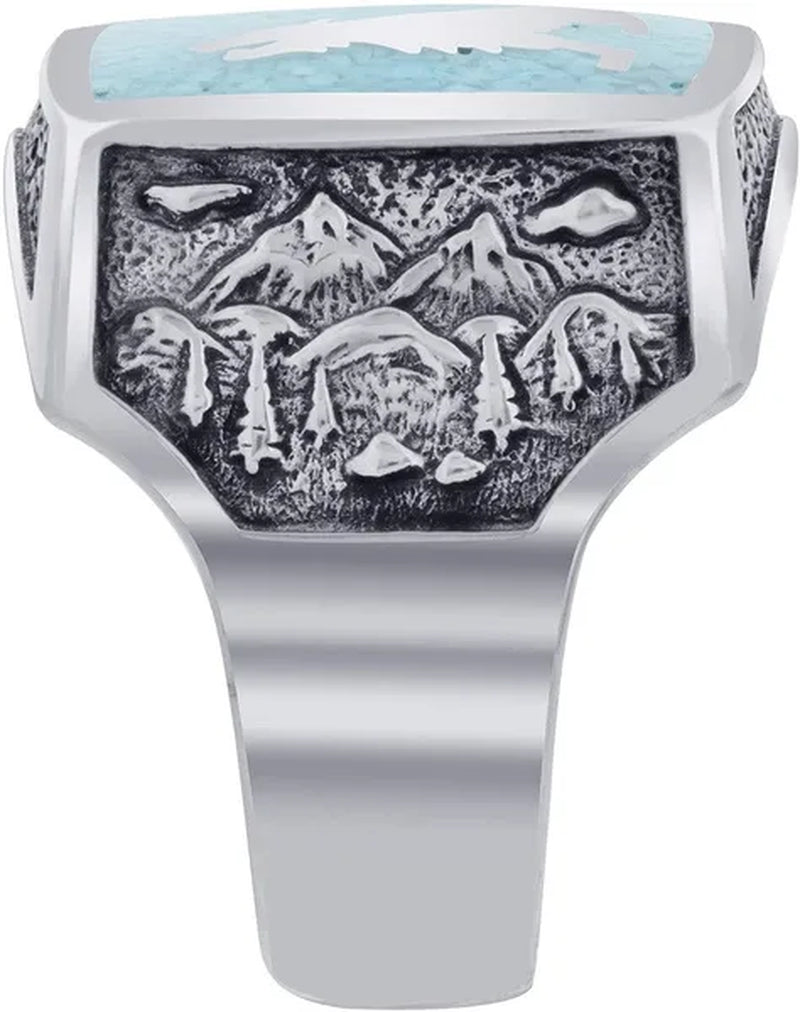 Mens Southwestern Style Turquoise Gemstone Inlay Howling Wolf Sterling Silver Ring