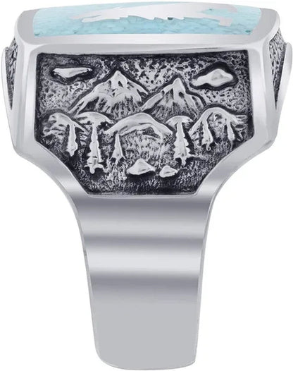 Mens Southwestern Style Turquoise Gemstone Inlay Howling Wolf Sterling Silver Ring