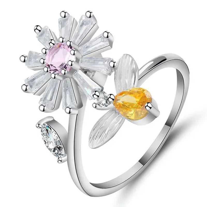 Flower Bees  Silver Multicolor Creative Sweet Cute Princess Rings Daisy Opening Ring Adjustable Ring Anniversary Statement Natural Gemstones Pink Sapphire White Sapphire Ring