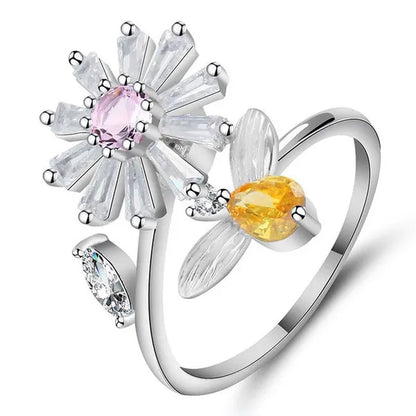 Flower Bees  Silver Multicolor Creative Sweet Cute Princess Rings Daisy Opening Ring Adjustable Ring Anniversary Statement Natural Gemstones Pink Sapphire White Sapphire Ring
