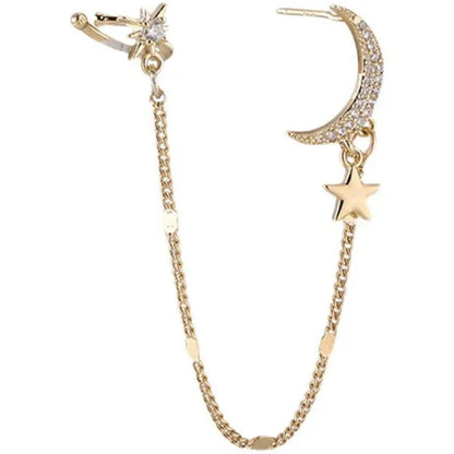 New Simple Moon Star Rhinestone Long Chain Earrings Shining Sun Crescent Geometric Tassel Piercing Earrings Ear Bone Clip Jewelry