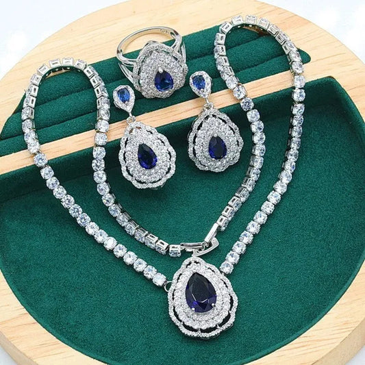 Exquisite Necklace 925 Silver Jewelry Sets for Women Wedding Royal Blue Topaz Earring Ring Pendant Holiday Christmas Gift