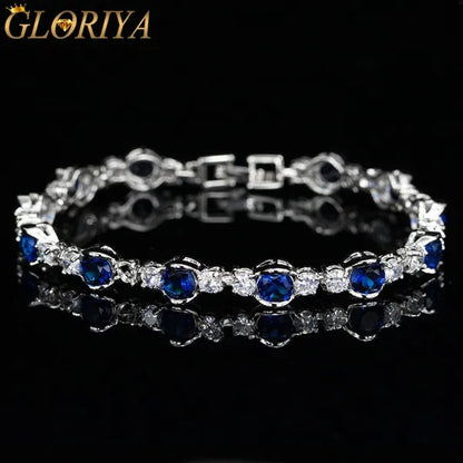 Gloriya High-Grade CZ Evening Party Jewelry For Woman Hand-inlay Round Blue Crystal Silver Plated Tennis Bracelet