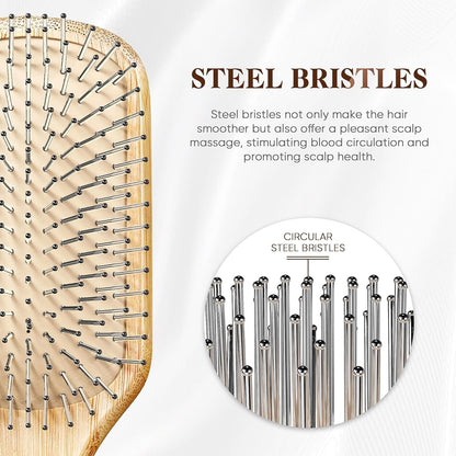 Bamboo Hair Brush with Steel Bristles, Help Hair Growth and Massaging Scalp