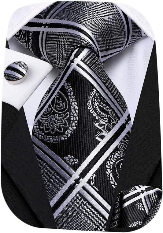 Mens Plaid Ties Classic Paisley Necktie with Handkerchief Cufflinks Set Business Stripe Tie