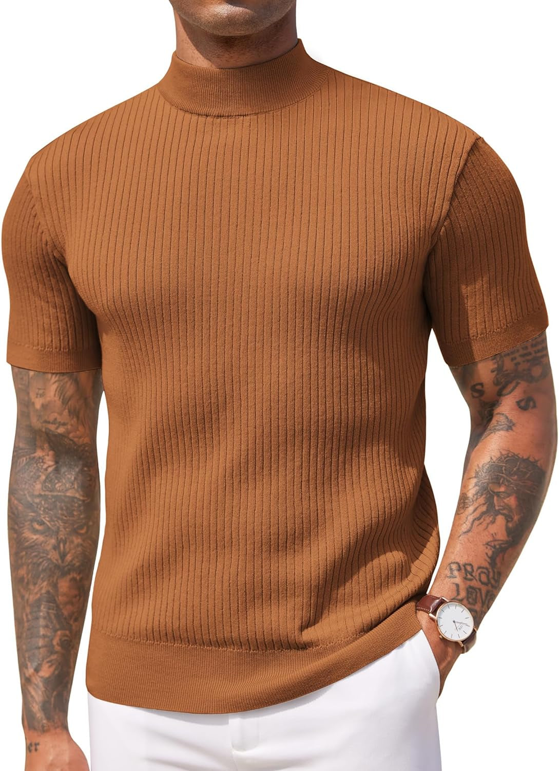 Men's Mock Turtleneck Sweater Short Sleeve Casual Basic Pullover Sweater Ribbed Knit Pullover Solid Tee