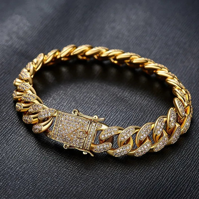 Mens Womens Gold Cuban Chain Necklaces or Bracelet Iced Out Cz Diamond Cuban Link Chain Necklace Stainless Steel