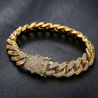 Mens Womens Gold Cuban Chain Necklaces or Bracelet Iced Out Cz Diamond Cuban Link Chain Necklace Stainless Steel