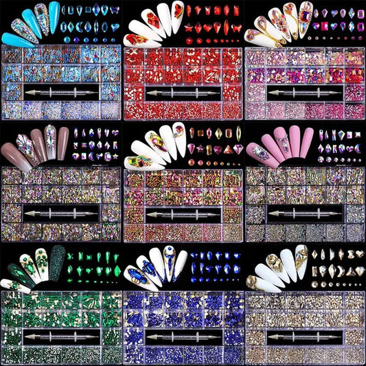 3000Pcs/Box Mixed AB Glass Crystal Diamond In Grids 21 Shape and  Flatback Nail Art Rhinestone Set with 1 Pick Up Pen