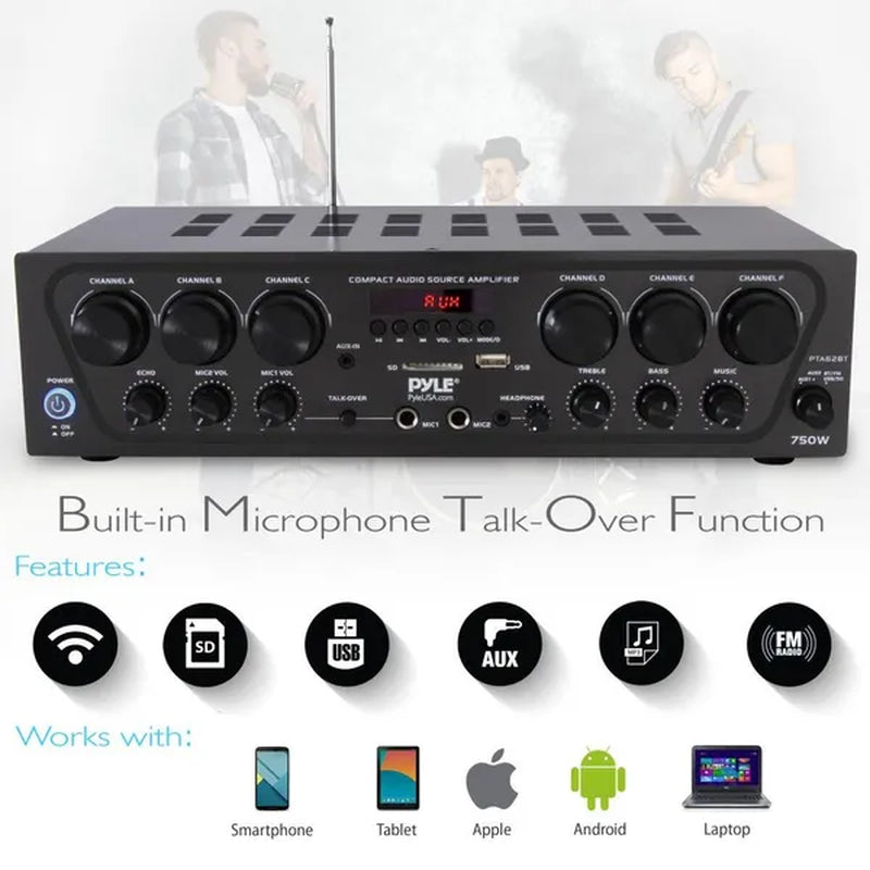 Pyle PTA62BT.5 Bluetooth Home Audio 750 Watt 6 Channel Amplifier Stereo Receiver (Open Box)