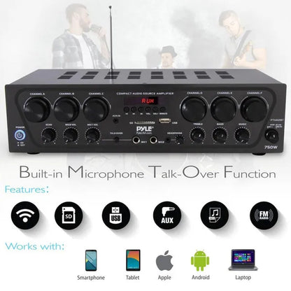 Pyle PTA62BT.5 Bluetooth Home Audio 750 Watt 6 Channel Amplifier Stereo Receiver (Open Box)