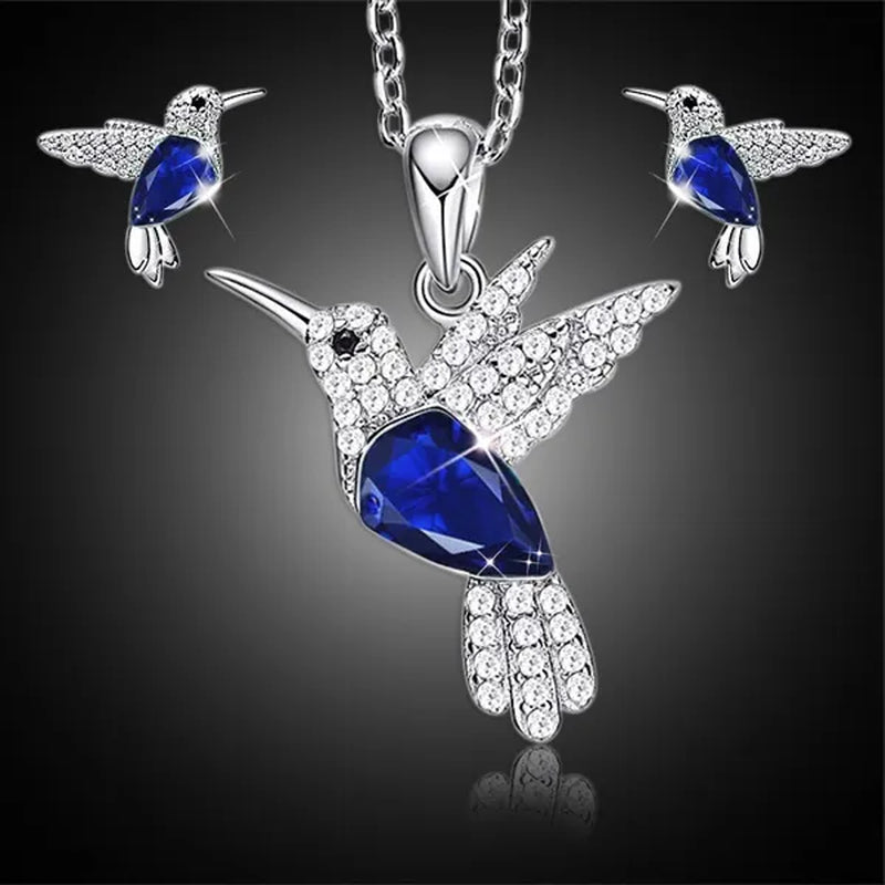 Hummingbird  Silver Jewelry Set Women Pendant Necklace and Stud Earring Set CrystalsFine Animal Jewelry, Gift for Mothers Day