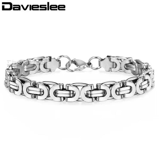 Davieslee Mens Fashion Flat Byzantine Link Silver Tone Stainless Steel Chain Bracelet