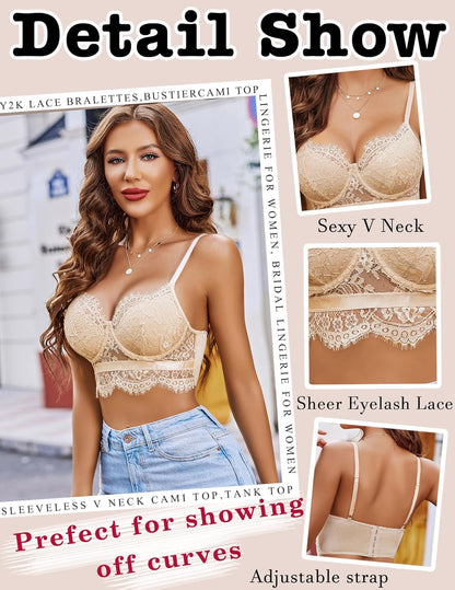 Lace Bralettes for Women Y2K Strap Bustier Cami Top V Neck Camisole Lingerie