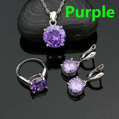 925 Sterling Silver Jewelry Sets Green Emerald Earrings Ring Pendant Neckalce Round Jewelry Women Accessories