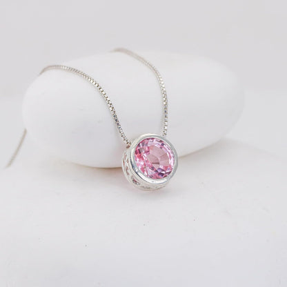 Silver Pink Sapphire Necklace, Slider Solitaire Gemstone Pendant with 16" Box Chain; Pink Sapphire Birthstone Pendant Gemstone for Women by Lotus Stone Design (16, Pink Sapphire)