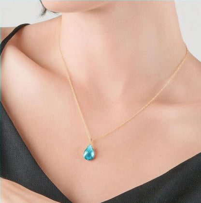 Natural Blue Topaz Drop Pendant Necklace, 5.10 Carat Ctw, 9K Solid Gold, 15 X 10 Mm Pear Shape Flat Briolette Cut