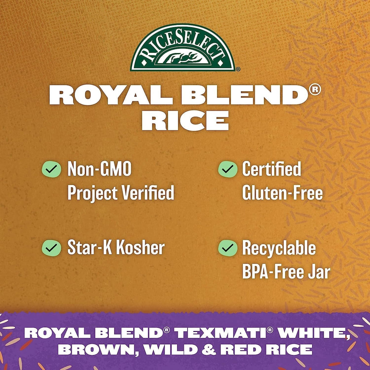 Royal Blend, Blend of Texmati White, Brown, Red, and Wild Rice, Premium Gluten Free Rice, Non-Gmo, 21 Ounce Jar