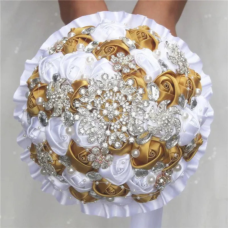 Bride wedding bouquet ivory gold rose flower crystal brooch bouquet flowers Diameter 18CM