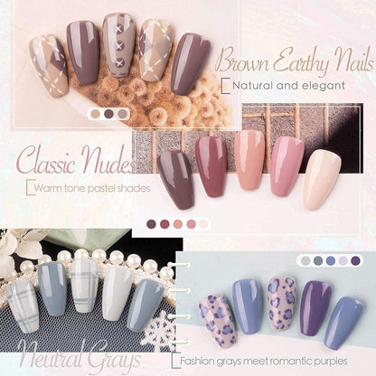 Gel Nail Polish Kit- 16 Colors With Top&Base Coat, Nude Grays Series Pastels Tones Nail Polish Set, Nail Art Design Colors, Home Gel Manicure Kit, Soak Off Gel Polish, Gift For Her