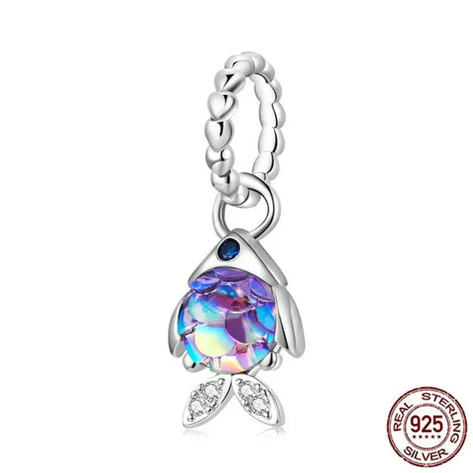 925 Sterling Silver Cute Small Fish Pendant Charm Colored Gemstone Scales Dangle Charm Fit Charm Bracelets & Necklaces DIY Jewelry Making