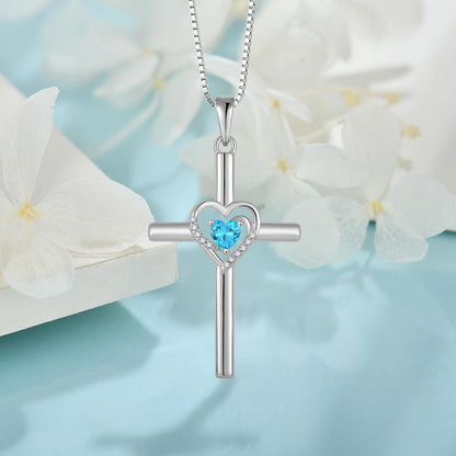 Cross Necklace for Women 925 Sterling Silver Heart Birthstone Pendant Necklace Crucifix Religious Gemstone Jewelry Gift for Women Her Mom Wife Daughter